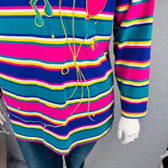 VTG Kathy White Sport Womans 1X Cardigan Shirt Music Stripes Ballon Teal Teacher - Picture 5 of 12